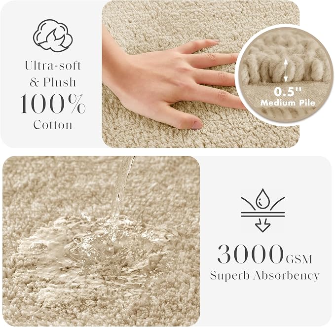 Madison Park Splendor Reversible 100% Cotton Bath Rug, 21 x 34, Natural | Tufted Bathroom Mat, 3000 GSM, Hotel Quality, Luxurious Plush, Medium Pile, Absorbent, Quick Dry, OEKO-TEX, Shower Room Décor