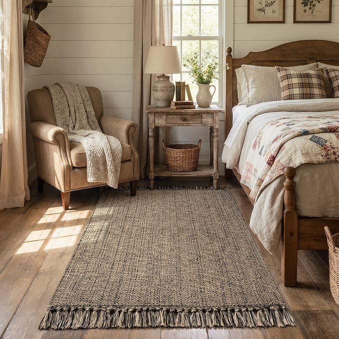 Collive 3' x 5' Indoor Outdoor Rug, Modern Farmhouse Entryway Rug Boho Porch Rugs, Natural/Black Hand-Woven Washable Kitchen Mats Front Door Mat for Patio Bedside Nursery Decor