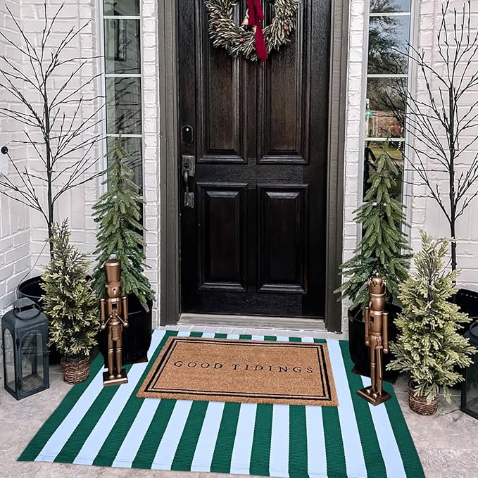 Green and White Striped Outdoor Rug St. Patrick's Day Rug 27.5'' x 43'' Spring Doormat Layered Welcome Mat for Farmhouse Easter Spring Front Porch Entryway Decor