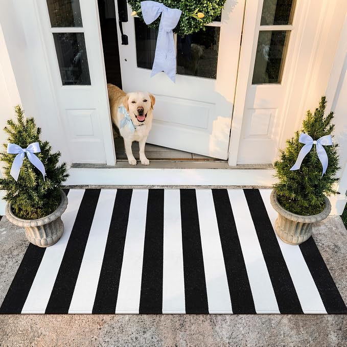 Collive Black and White Outdoor Rug 3'x 5', Hand Woven Washable Striped Outdoor Rug, Farmhouse Fall Front Porch Rug Decor, Welcome Layered Door Mats for Front Door Entryway Patio