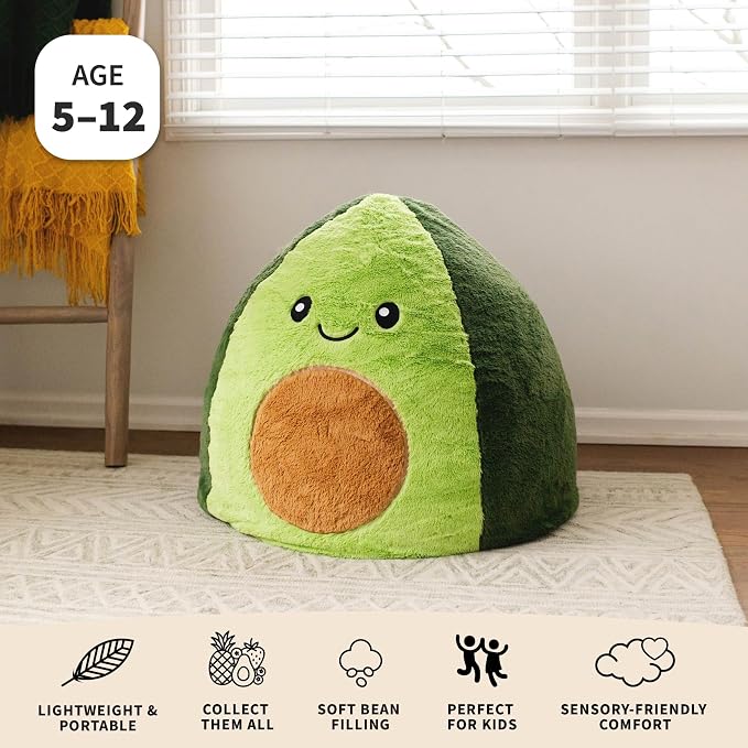 Big Joe Avocado PlushiPals Super Soft Bean Bag Chair for Kids, Ultra-Soft Plush Polyester Blend, 2.5 feet Refillable | 2.5 feet, Polystyrene Bean Filled, Refillable, Snuggle Puff, Safe for Kids Ages 3 and Up, Supports Up to 150 lbs