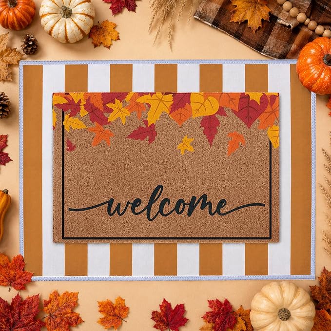 2 Pcs Fall Maple Leaves Welcome Doormats Autumn Outdoor Rug Striped Layering Porch Mats Non Slip Thanksgiving Entryway Shoe Scraper Washable Front Door Carpet Farmhouse Decorations 24x32 Inch