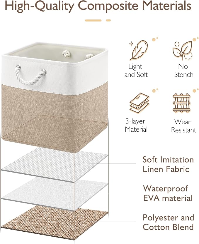 Patvingot 13-Inch Fabric Cube Storage Bins with Handles,4 Pack,Foldable | For cube shelves and closets,keeps grouped for everyday access,reinforced opening and fold-flat storage,white and khaki