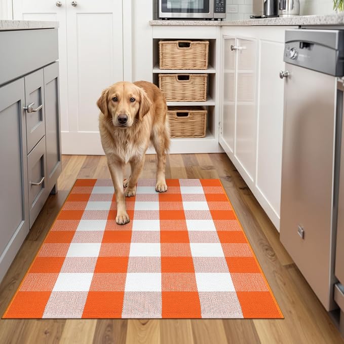 Collive Buffalo Plaid Checkered Outdoor Rug, White and Orange Halloween Fall Decor Door Mat, Washable 27.5x43 Inches Front Porch Rug, Layered Welcome Mat Doormat for Porch Entryway Patio Kitchen