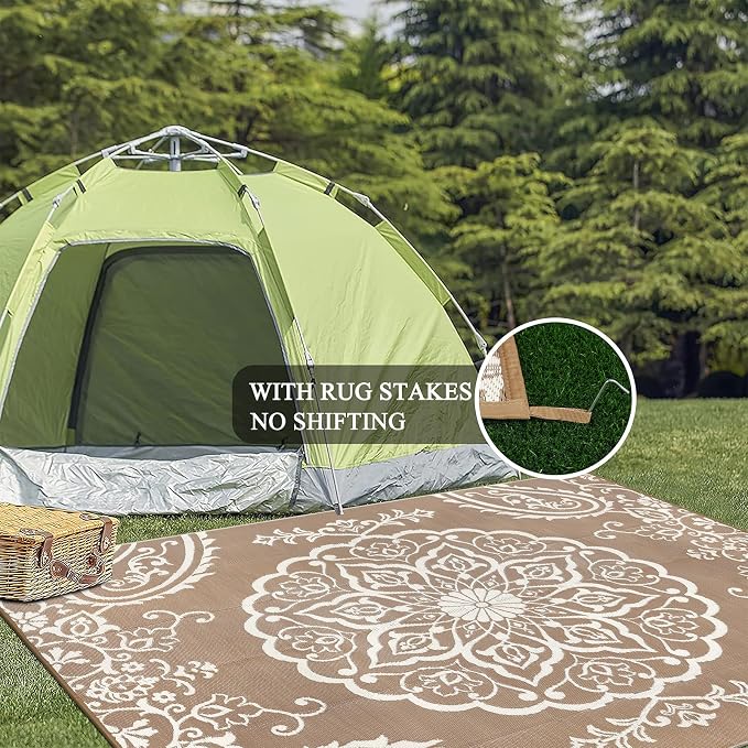 Pauwer Outdoor Rug 8x10, Waterproof Plastic Straw Camping Rug, Boho Brown | Reversible Patio Rug, UV Resistant Indoor Outdoor RV Mat Carpet For Deck, Camper, Porch, Balcony, Backyard, Picnic, Foldable