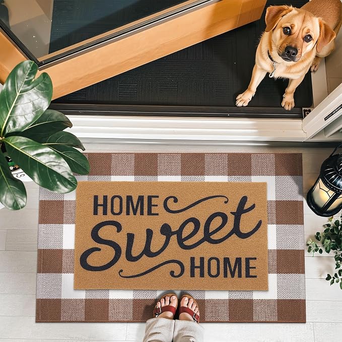 OLANLY Buffalo Plaid Rug 4' x 6' | Coffee and White Cotton Checkered Doormat, Washable Indoor Outdoor Rug for Layered Front Porch, Kitchen, Entryway Decor