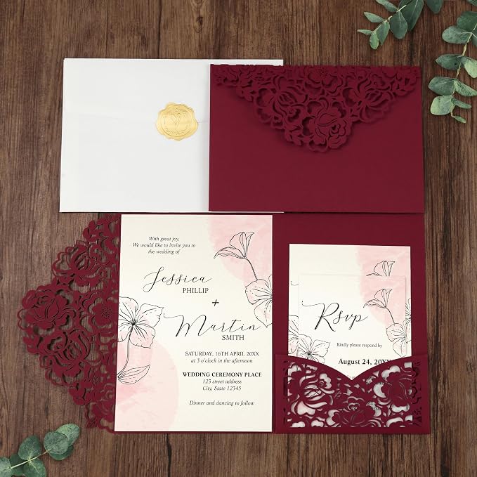 DORIS HOME Laser Cut Wedding Invitation Pockets, Burgundy, 5"x7" | 50pcs, With Envelopes, For Wedding & Anniversary, No Inserts Included