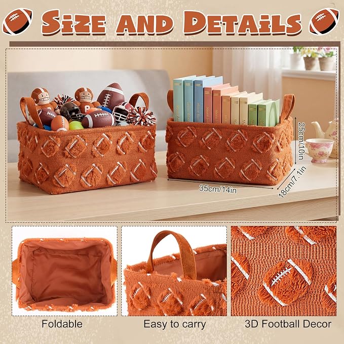 2 Pcs Football Storage Baskets 14x10'' Back to School Gift Basket | Sport, Foldable, Fluffy, Laundry Storage Bin with Handle, Closet Organizer, Preppy Dormitory, Countertop Tabletop Shelf