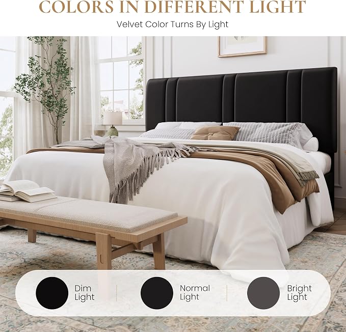 SHA CERLIN King Size Velvet Bed Frame with Adjustable Headboard, Black | Vertical Channel Tufted Design, Upholstered Platform Bed, Wood Slats Support/No Box Spring Needed/Easy Assembly