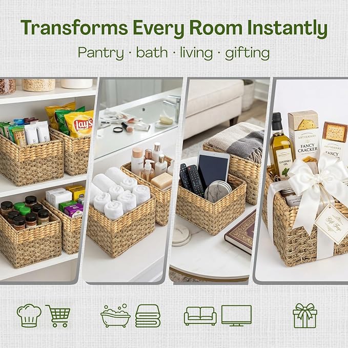 Small Wicker Storage Basket, Set of 2, 8 x 7 x 5.5 Inches | Natural, Woven Baskets for Organizing Living Room, Pantry, Shelves, Wicker, Decorative, Storage, Small