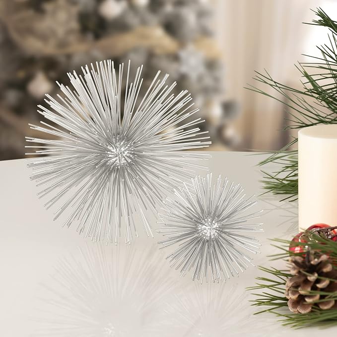 Torre & Tagus 7” Spike Silver Sphere Decor (Steel Metal Ball Decor) Handmade Starburst Table Decoration, Geometric Decorative Objects for Shelves, Mid-Century Modern Sputnik Home Table Accent