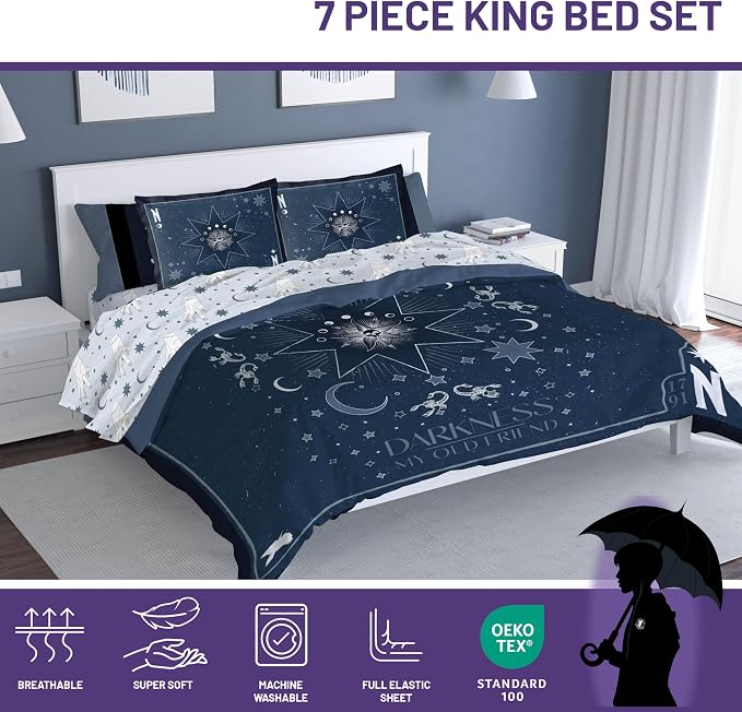 Wednesday Addams King Comforter Set 7 Piece Bedding for Girls, Blue | Bed in a Bag, Comforter Sheets Shams Pillowcases, Official Product, Soft Microfiber, Machine Washable, Girls Gift