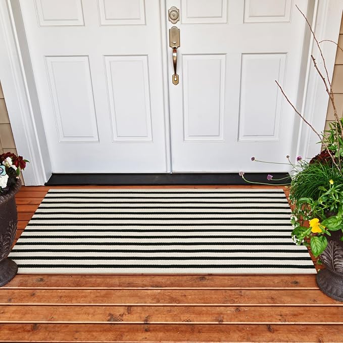 OJIA Front Door Mat Outside Entrance 24"x51" Striped Outdoor Mat Porch Rug | Machine Washable Indoor Outdoor Rug Layered Doormat Front Door Rug Cotton Woven Entryway Rug for Kitchen/Farmhouse/Home Decor