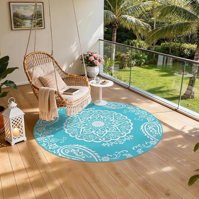 Pauwer Outdoor Rug 6ft, Waterproof Plastic Straw Camping Rug, Boho Teal | Reversible Patio Rug, UV Resistant Indoor Outdoor RV Mat Carpet For Deck, Camper, Porch, Balcony, Backyard, Picnic, Foldable