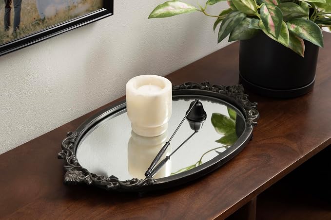 Kate and Laurel Arendahl Vintage Oval Mirrored Decorative Tray; 17 x 10; Antique Black; Traditional Ottoman Tray for Living Room Home Decor with Ornate Detailing