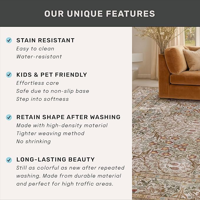 Washable 10x14 Living Room Rug - Moss Green Large Area Rug for Dining Room Under Table, Low Pile Non-Slip Floor Carpet for Bedroom Under Bed - Neutral Taupe Design & Stain Resistance