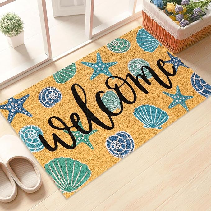 JarThenaAMCS Seashell Natural Coir Door Mat Aqua Blue Beach Theme Welcome Floor Mat Non-Slip Entrance Door Rugs for Summer Indoor Outdoor Home Bathroom Decor, 16.5 x 29 Inch
