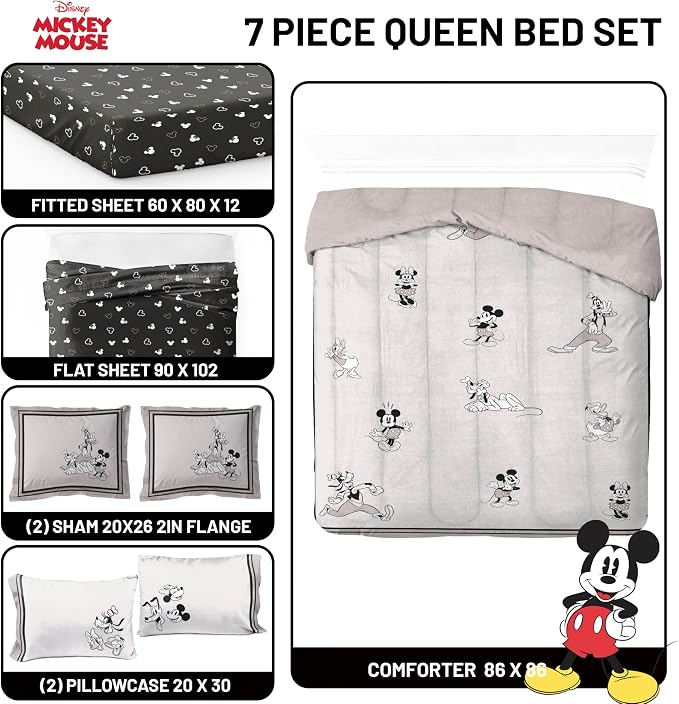 Disney Mickey Mouse and Friends Queen Comforter Set 7 Piece Bedding, Beige | Minnie Donald Goofy, Bed in a Bag, Comforter Sheets Shams Pillowcases, Official Product, Soft Microfiber, Machine Washable