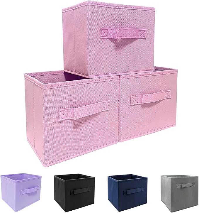 EBIGIC Storage bins collapsible storage bins,cube storage organizer （Pack of 3） 10.5 * 10.5 * 11 inch,For home and office Collapsible Closet Shelf Organizers, Drawer Organizers(Pink)