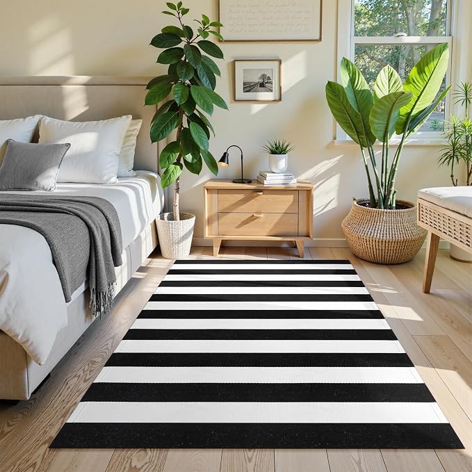 Collive Black and White Rug 4'x 6', Washable Striped Outdoor Indoor Rug,Farmhouse Cotton Woven Layered Door Mat,Fall Front Porch Decor Door Mat for Front Door Patio Porch Living Room Kitchen