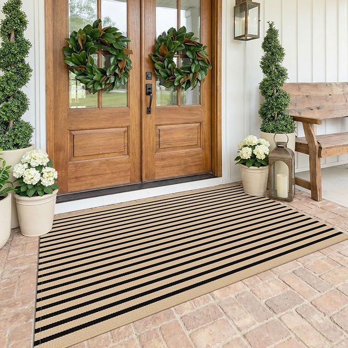 KOZYFLY 4x6 Brown and Black Striped Rug Front Door Rug Cotton Woven Washable Indoor Outdoor Rugs Entrance Layered Doormat for Front Porch Kitchen Patio Farmhouse Carpet