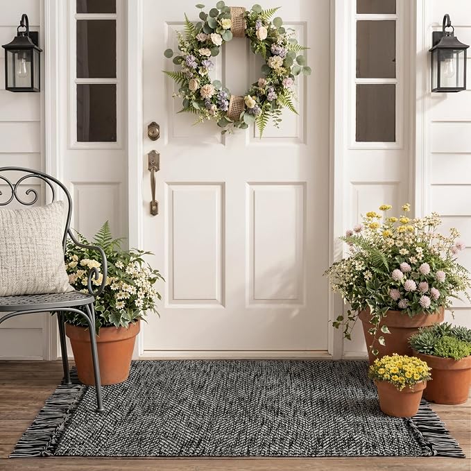 Collive 2' x 4.3' Indoor Outdoor Rug, Modern Farmhouse Kitchen Runner Rugs Hand-Woven Bathroom Rugs, Boho Washable Entry Carpet Black Reversible Front Door Mats for Laundry Bedroom Porch Decor