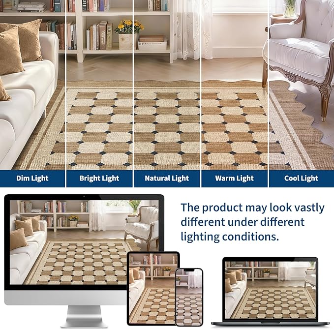 Garvee Easy Jute Rug Scalloped 5x7 Rugs for Living Room, Checkered Washable Non Slip Outdoor Patio Carpet, Farmhouse Indoor Area Rug Neutral Non Slip Carpet for Backyard Dining Room Deck 5'x7'