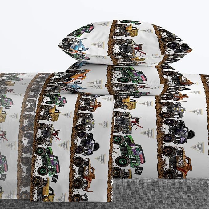Jay Franco Kids Sheet Set with Fitted, Flat Sheets & Pillow Cover - Ultra-Soft Bedding with Pillowcase for Room Decor, Multi - Monster Jam, 4 Piece Queen