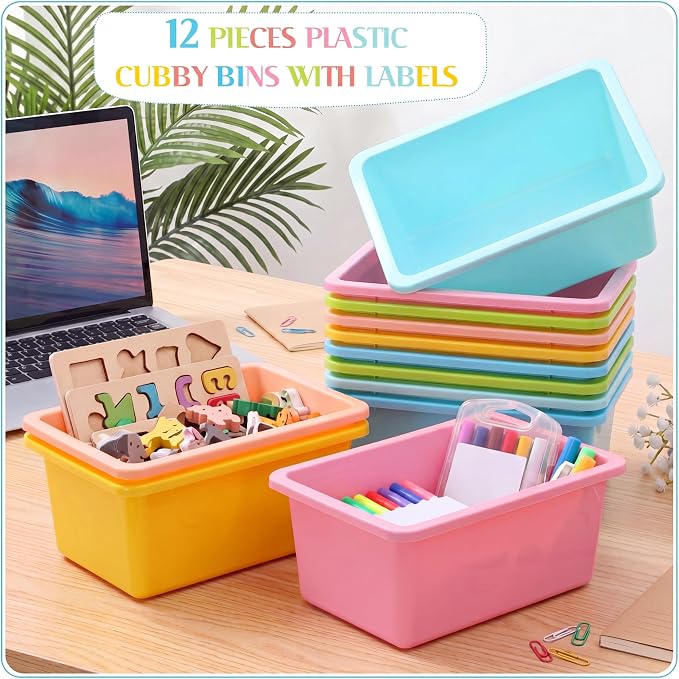 Thyle 12 Pieces Plastic Cubby Bins with Labels Classroom Book Bins Stackable Storage Container Durable Toy Storage Organizer Baskets for School Classroom Office (Classic,Light Color)