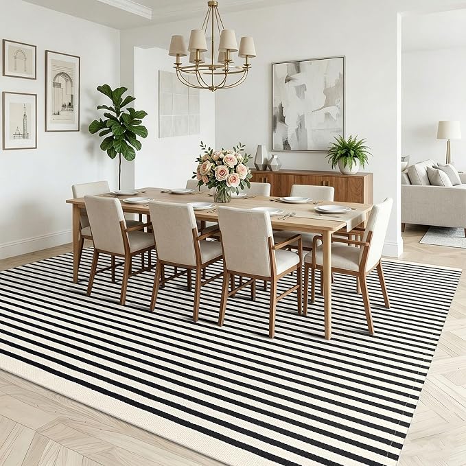 KOZYFLY Beige and Black Rug 8x10 ft Area Rug Woven Washable Striped Cotton Farmhouse Indoor Outdoor Rugs for Living Room Bedroom Porch Patio Dining Room Carpet
