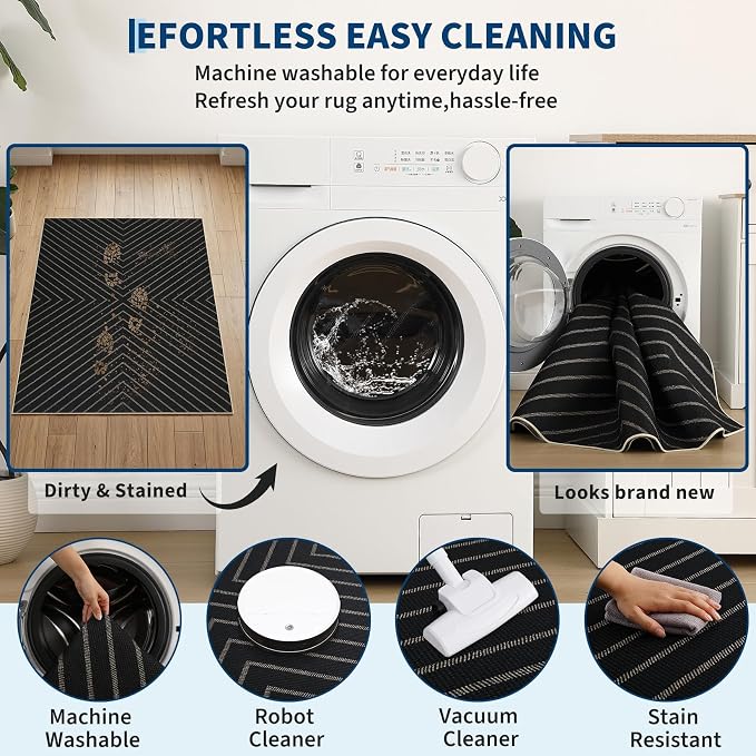 Garvee Easy Jute Rug 2x6 Runner Rug, Hallway Runner Stain Resistant Low Pile Thin Non Shedding Pet Friendly Carpet for Entrance Kithchen Bathroom Porch Striped Minimalism Area Rug 2'x6' Black