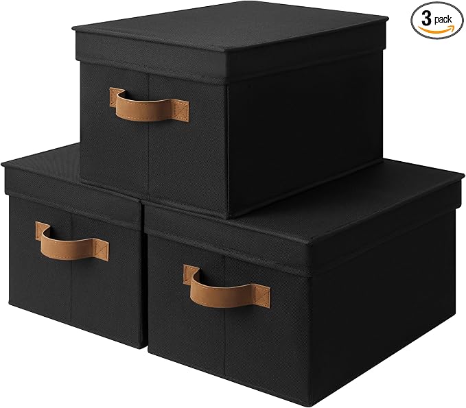 StorageWorks Fabric Storage Bins with Lids, Decorative Storage Bins with PU Handles, Foldable Storage Baskets for Closet, Shelves, Stackable and Sturdy Organization, Black, Large, 3-Pack