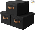 StorageWorks Fabric Storage Bins with Lids, Decorative Storage Bins with PU Handles, Foldable Storage Baskets for Closet, Shelves, Stackable and Sturdy Organization, Black, Large, 3-Pack