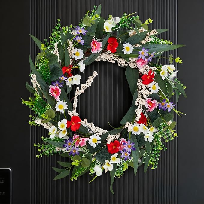 Garvee 20 Inch Artificial Spring Flower Wreath for Front Door | Colorful Floral Door Wreath with Eucalyptus Leaves, Daisies, and Mixed Blooms for Indoor Outdoor Porch Wall Window Home Decor