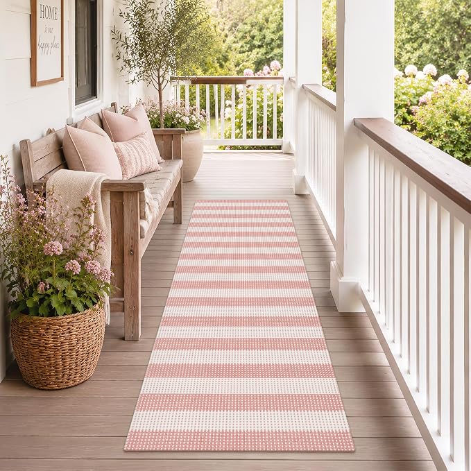 Rugalia Pink Woven Indoor Outdoor Runner Rug 2x6, Washable Striped Cotton Rug Runners for Hallway Non-Slip Long Kitchen Mat, Modern Neutral Throw Runner Carpet for Entryway Porch Patio