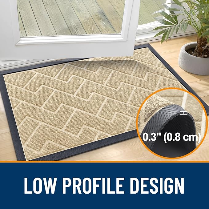 OLANLY Front Door Mat Indoor Outdoor Entrance, Waterproof All-Season, All-Weather Doormat, Sturdy Natural Rubber, Low Profile, Easy Clean Patio Porch Entryway Mat, Herringbone Brick (Beige, 36x24)