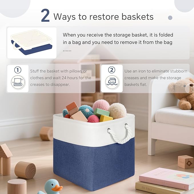 FinishingBo 11 inch Cube Storage Bin with Handles 6 Pack | Foldable Basket, Fabric Storage Bins, Closet Storage, Home Organizer (White/Navy Blue)