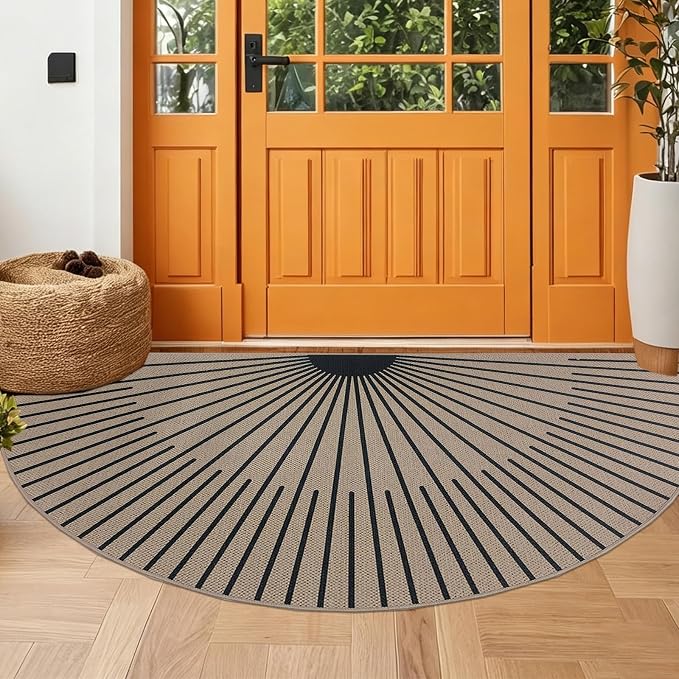 Easy Jute Rug 2.6x5Ft Half Circle Sunshine Doormat Neutral Faux Jute Indoor Outdoor Carpet for Farmhouse Bedroom Entrance Balcony Kitchen Laundry Room, Nonslip, Half Round, Black 7