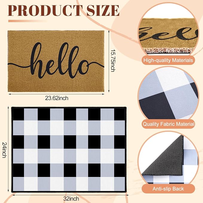 2pcs Layered Doormat Set, Welcome Door Mat for Outdoor Front Door, 16x24 PVC Coil & 24x32 Crystal Velvet Non-Slip Layering Entry Mats for Farmhouse Porch Decoration（Hello, Buffalo Plaid）