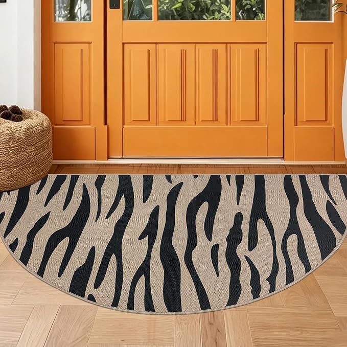 Faux Jute Rug 2.6x5Ft Half Circle Zebra Stripe Doormat Easy Jute Carpet for Farmhouse Bedroom Kitchen, Non-Slip Half Round Floor Mat for Living Room Kids Room Indoor Outdoor Decor, Black 6