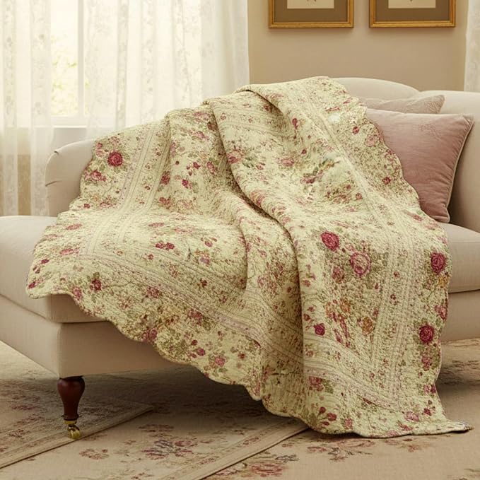 Greenland Home Fashions Antique Rose - Classic Traditional Floral - 100% Cotton Quilted Throw Blanket, 50 x 60 inches, Ecru