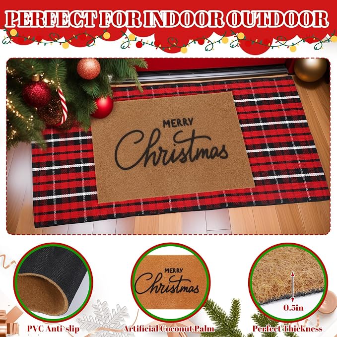 2 Pcs Outdoor Door Mat Combo Set Layered Outdoor Rug and Coir Welcome Doormat Non Slip Outside Floor Mat for Front Porch Entryway Patio Yard Decor(Merry Christmas,24'' X 51',18'' X 28'')