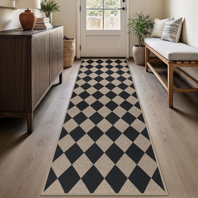 Rugalia Easy Jute Checkered Runner Rug, 2.6x8 Black Modern Washable Rugs Runner for Hallway Non-Slip Kitchen Runner Rug, Geometric Diamond Indoor Outdoor Carpet for Porch Laundry Entryway