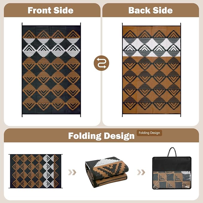 Lahome Waterproof Outdoor Patio Rug 9x12, Reversible Large Outdoor Rug for Patios, Camping Rugs for RV Backyard Deck Picnic Beach Trailer (Black/Brown, 9' x 12')
