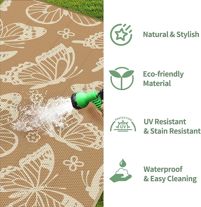 GENIMO Outdoor Rug, Waterproof Plastic Rugs for Patio, 6'x9' Brown Linen | Outside Larger Leaf Carpet Mat for Porch Decor, Deck, Balcony, Camping, RV, Backyard, Picnic, Beach, Reversible, Foldable