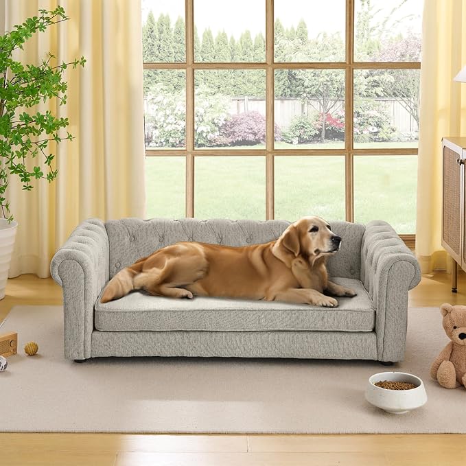 Dog Sofa Couch for Medium and Large Dogs, Memory Foam Dog Sofa Couch with Washable Fabric, Durable Elevated Pet Bed with Legs, Removable Cushion for Medium to Large Dogs, Beige