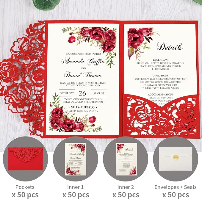 DORIS HOME 50Pcs Personalized Laser Cut Wedding Invitations, Red | 4.7"x7.1", Customized Anniversary Invitations, With Envelopes
