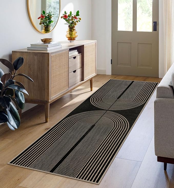 Rugalia Easy Jute Rainbow Runner Rug, 2x6 Black Washable Rugs Runner for Hallway Non-Slip Boho Farmhouse Kitchen Runner Rug, Modern Abstract Indoor Outdoor Carpet for Porch Laundry Entryway