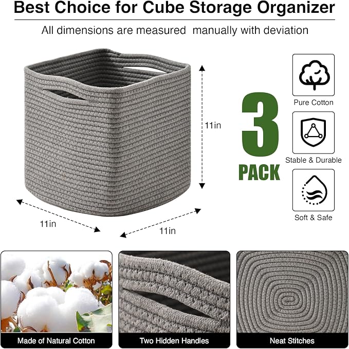 ICERZCZ 11 Inch Cube Storage Bins, Storage Cube Organizer Bins, Woven Cotton Rope Basket for Storage, Storage Baskets for Organizing Shelves, Grey Baskets for Toys Nursery, Grey (Pack of 3)