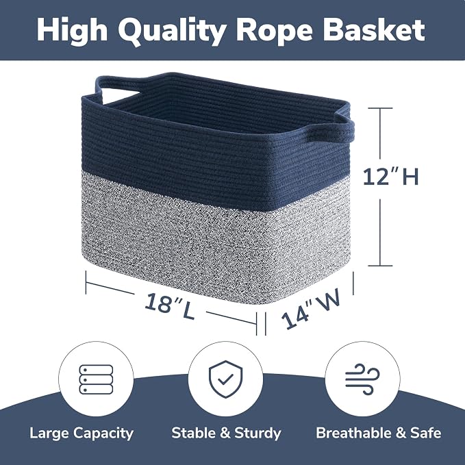 Goodpick 50L Large Cotton Rope Storage Basket, 18" x 14" x 12", Blue | Blankets, Pillows & Toys Storage, Decorative Rectangle Basket, Living Room & Bedroom Organization, Built-In Handles